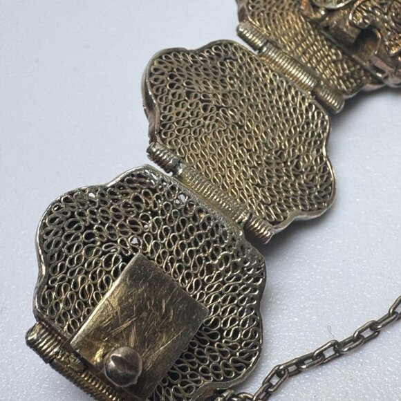 Vtg Chinese Export Bracelet Tiger's Eye Cabochon Silver Gilded Vermeil Filigree - Picture 8 of 16